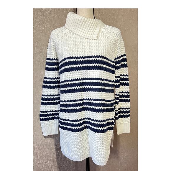 Lands End Women's Breton Strips Striped Waffle Knit Sweater Large Size 14-16 - Picture 1 of 11